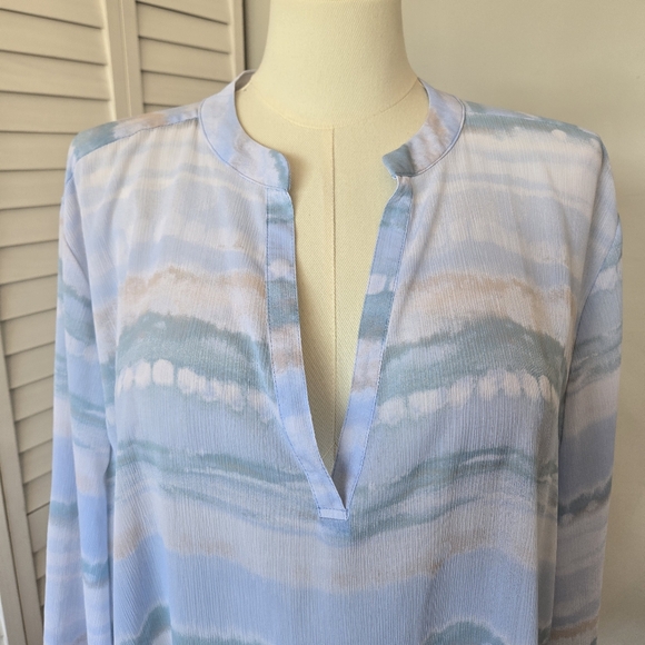 TruSelf Blue‎ Green Watercolor Striped Tunic Top Size 3X Split Neck Coastal Boho - Picture 5 of 11